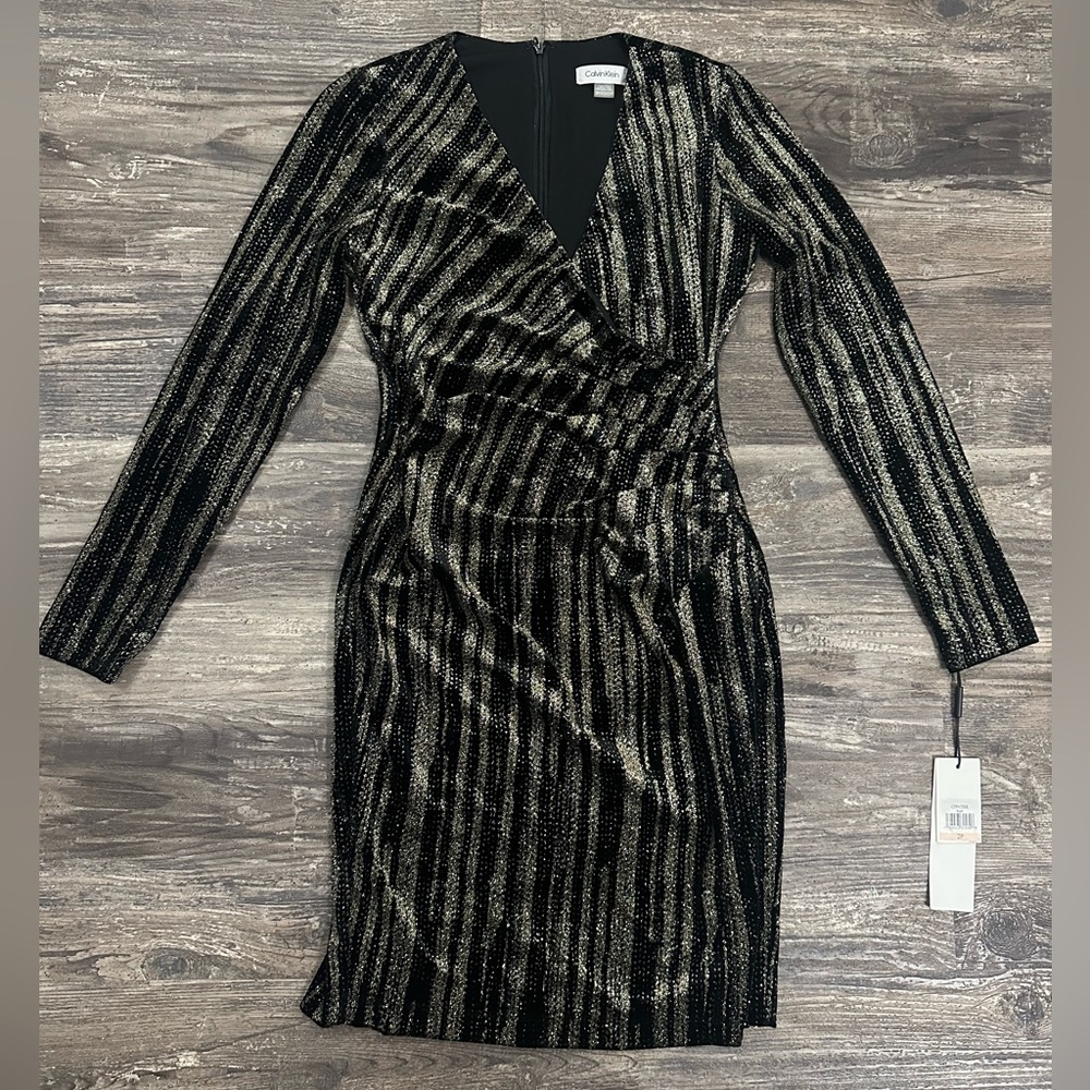 Calvin Klein Black/Gold Velvet Glitter Faux Wrap Long Sleeve Cocktail Dress